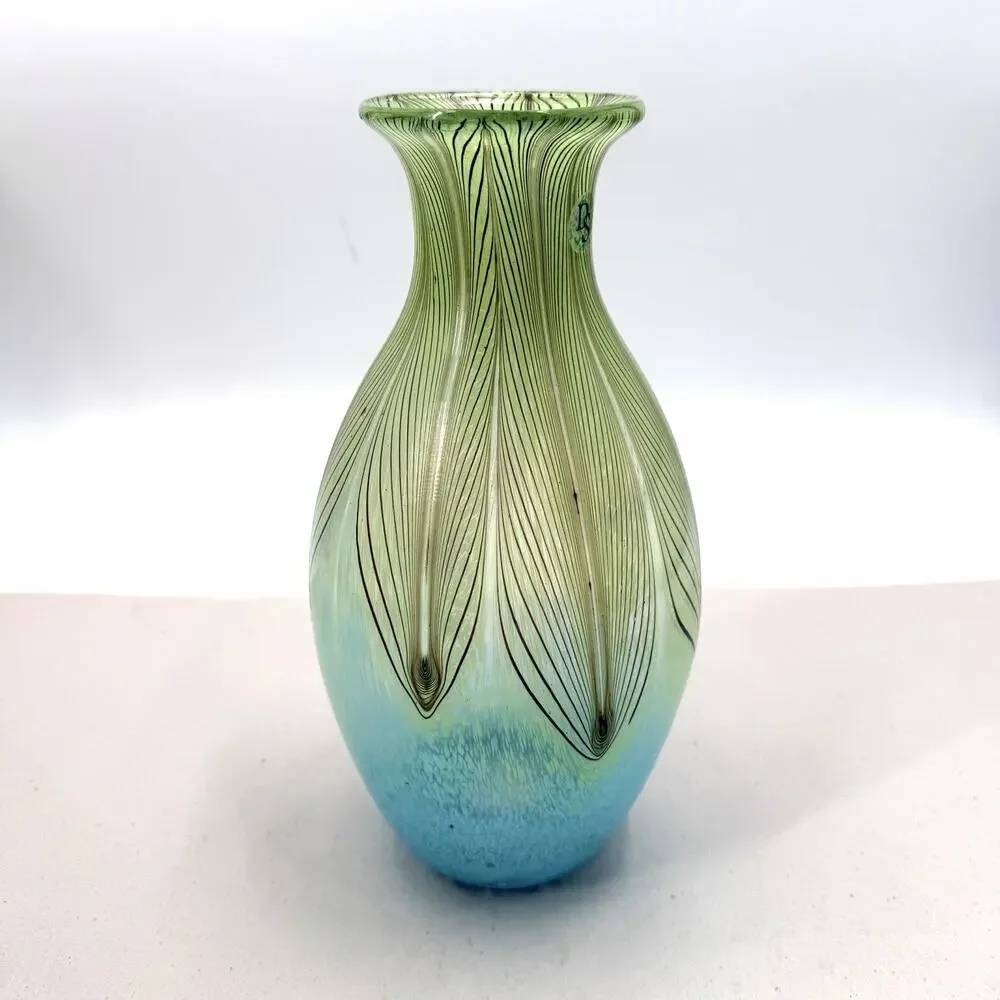 Boho Blue Green Pulled Feather Murano Style Art Glass Vase Hand Blown 12.75